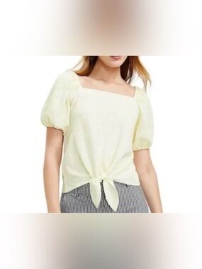 LOFT Pale Yellow Square-Neck Tie-Front Puff Sleeve Top